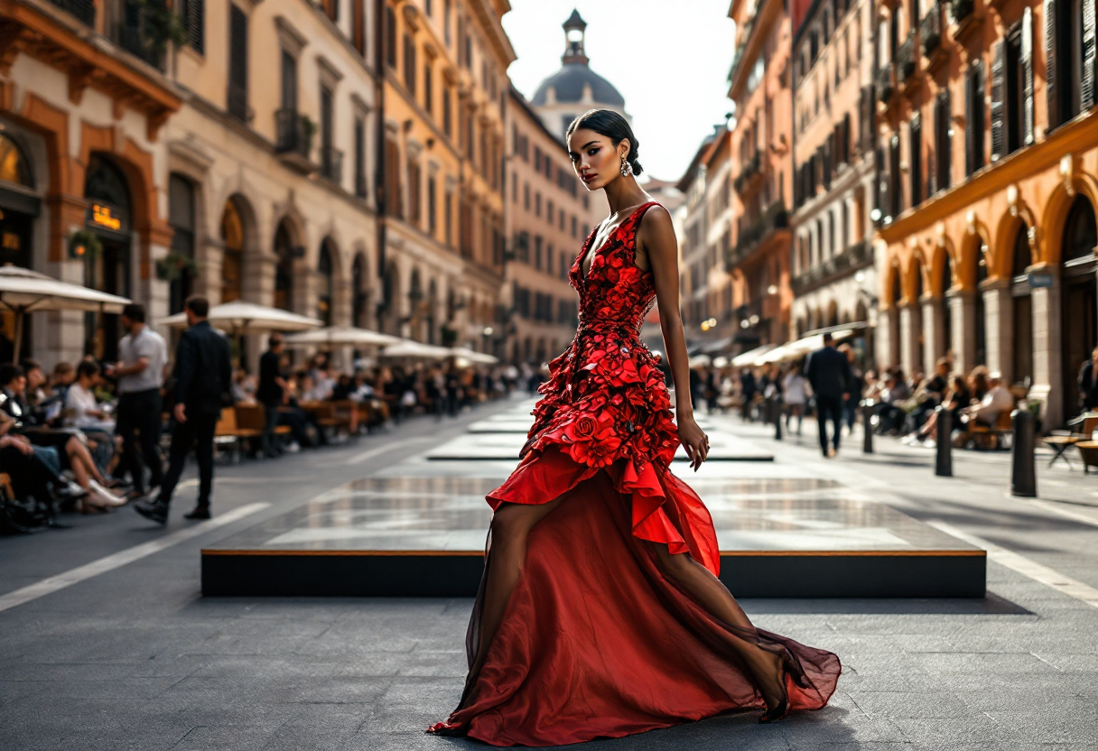 Donna italiana in abito rosso che esprime audacia e stile