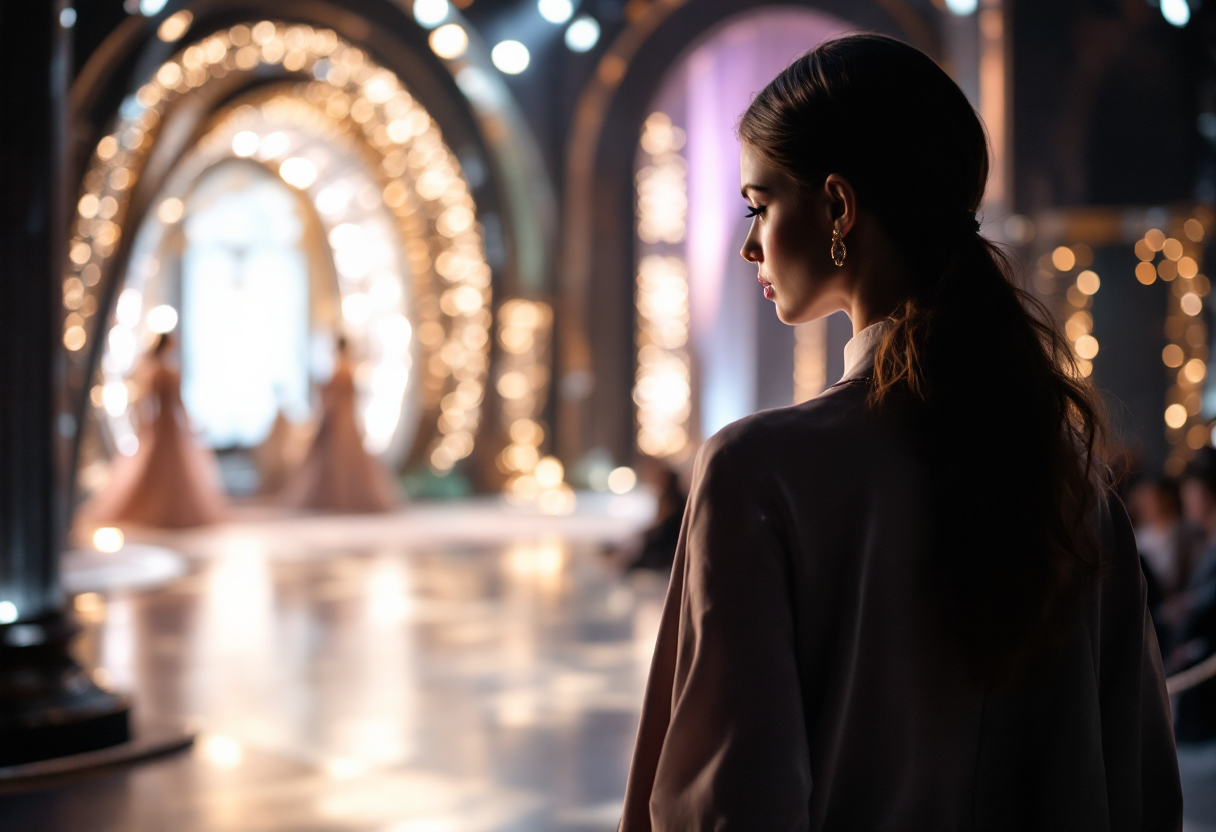 Immagine di un abito elegante sul palco di Sanremo 2025