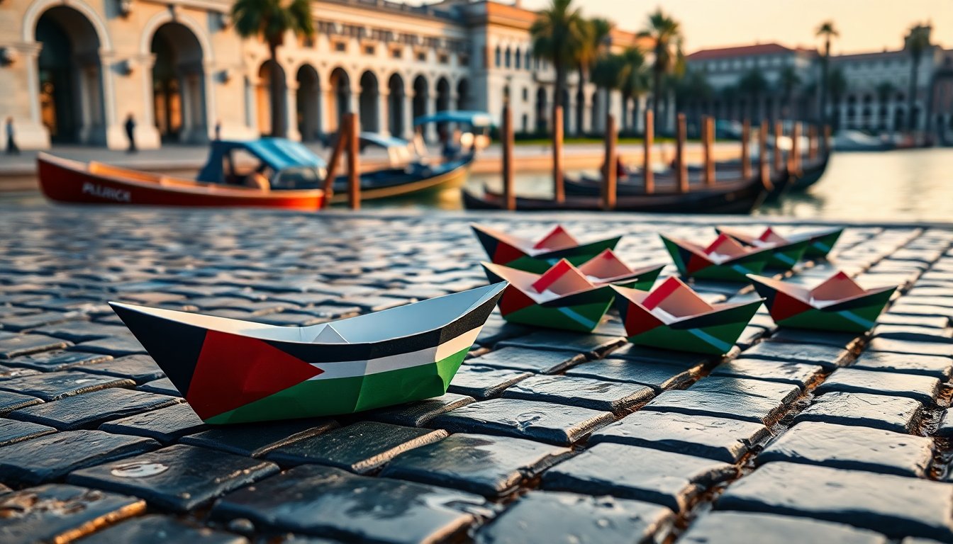 Corteo pro Palestina al Lido di Venezia: attori, barchette e richiesta di esclusioni alla Mostra